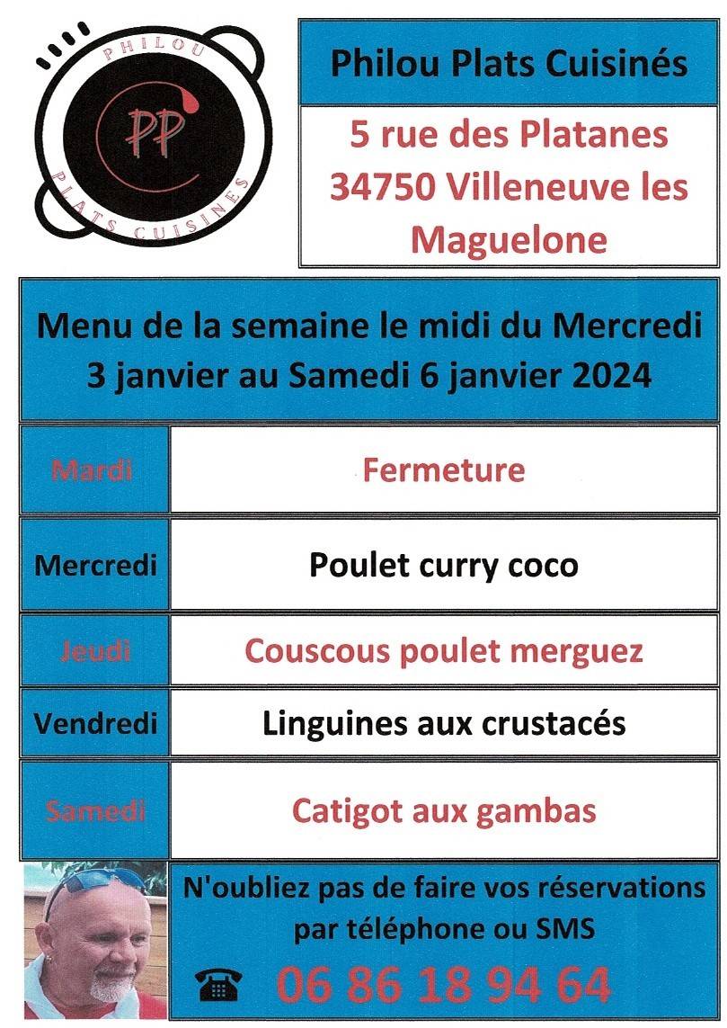 Menu de la semaine le midi du mercredi 3 janvier au samedi 6 janvier 2024