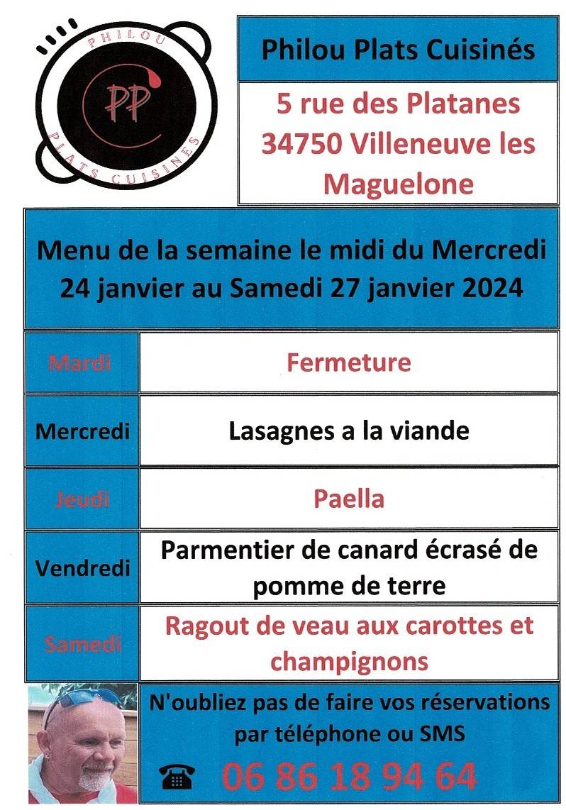 Menu de la semaine le midi du mercredi 24 au samedi 27 janvier 2024