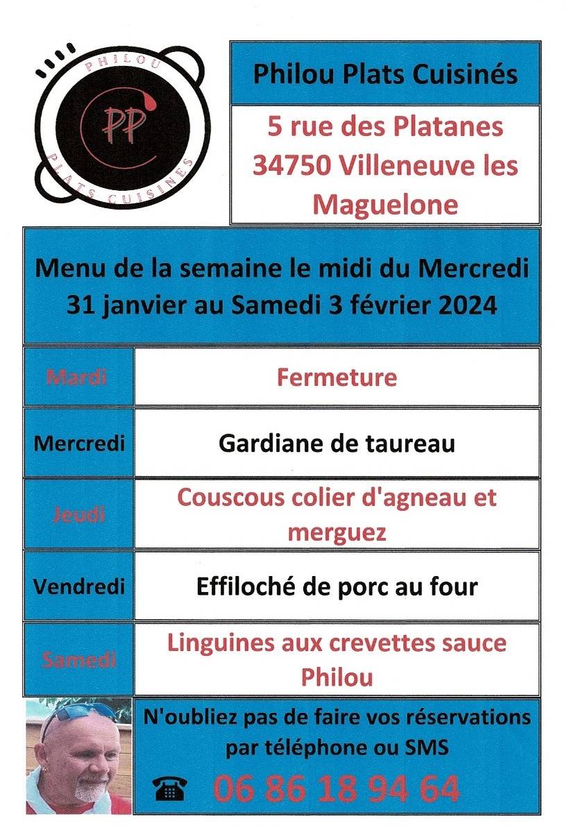 Menu de la semaine le midi du mercredi 31 janvier au samedi 3 février 2024