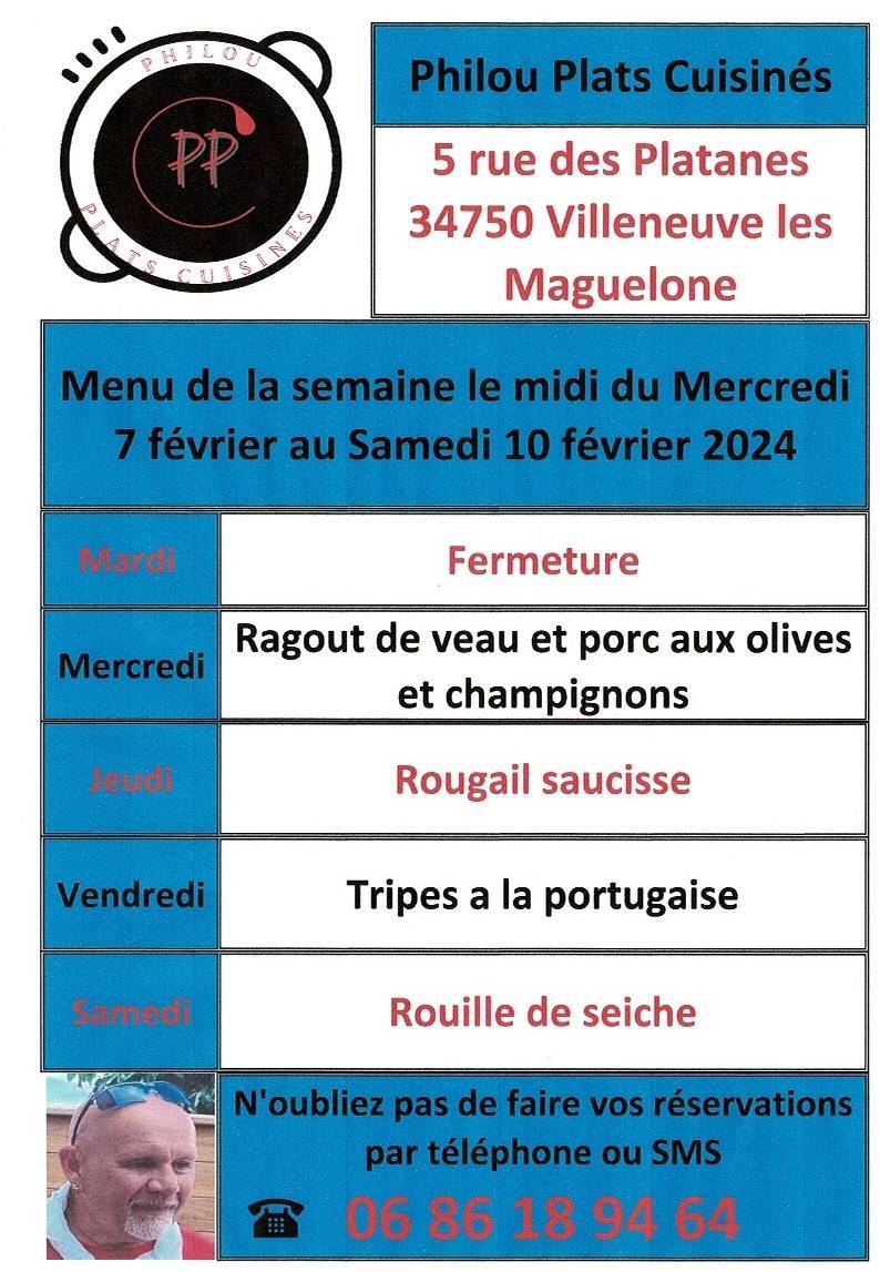 Menu de la semaine le midi du mercredi 7 février au samedi 10 février 2024