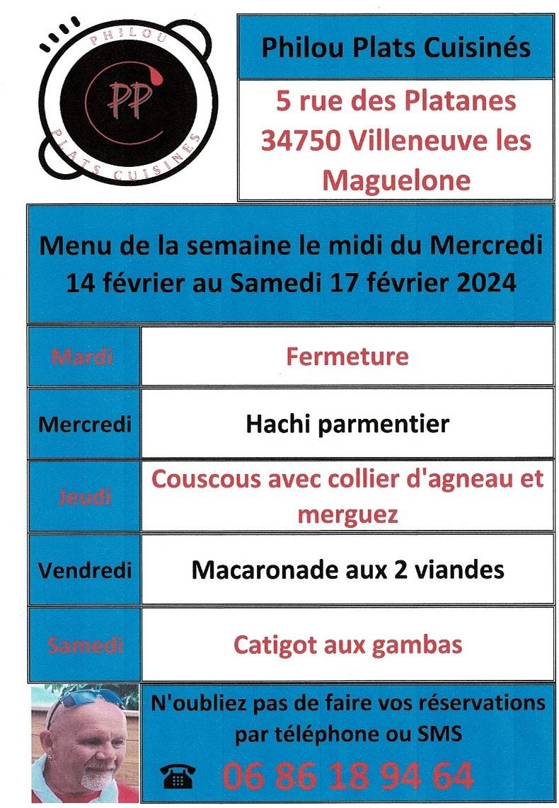 Menu de la semaine le midi du Mercredi 14 février au samedi 17 février 2024