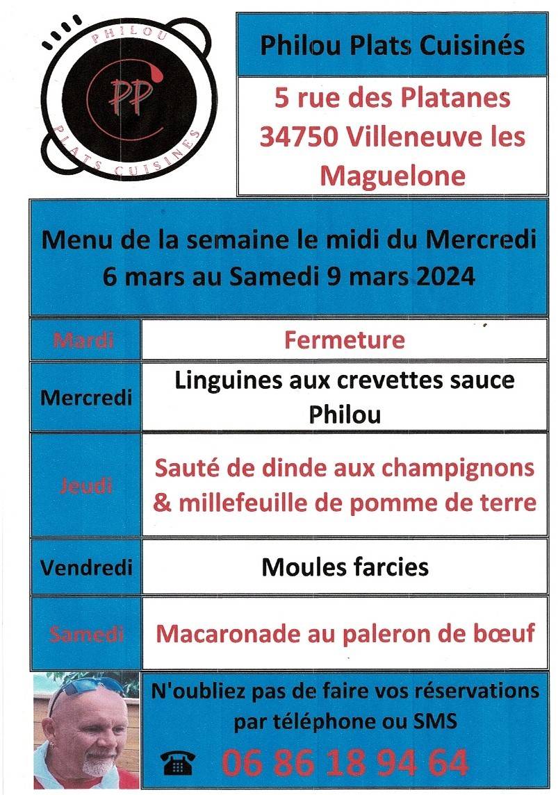 Menu de la semaine le midi du mercredi 6 mars au samedi 9 mars 2024