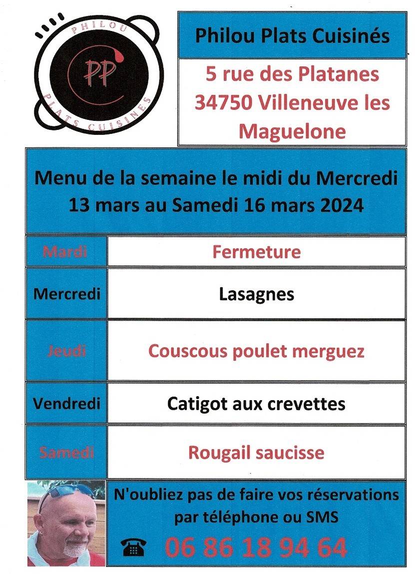 Menu de la semaine le midi du mercredi 13 mars au samedi 16 mars 2024