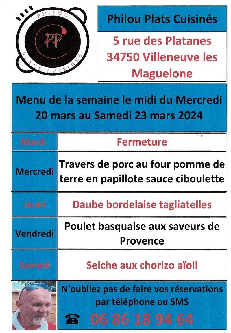 Menu de la semaine le midi du mercredi 20 mars au samedi 23 mars 2024