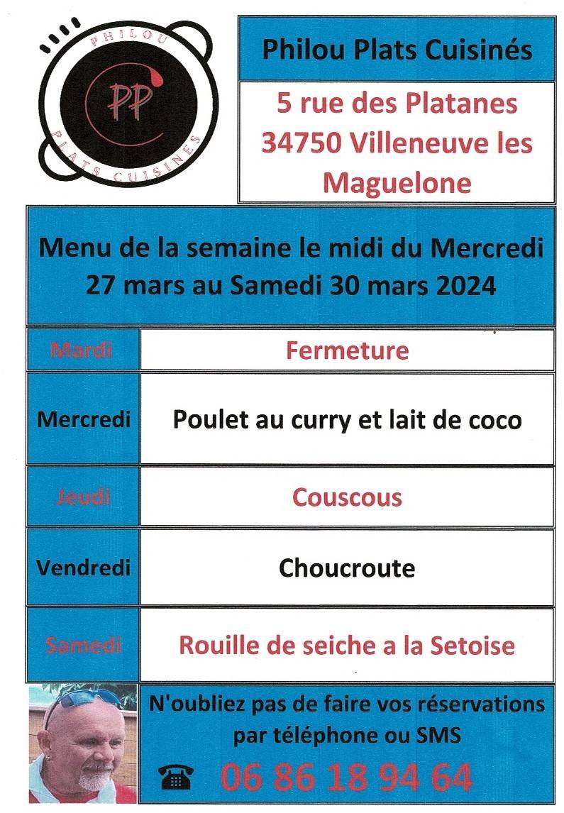Menu de la semaine le midi du mercredi 27 mars au samedi 30 mars 2024