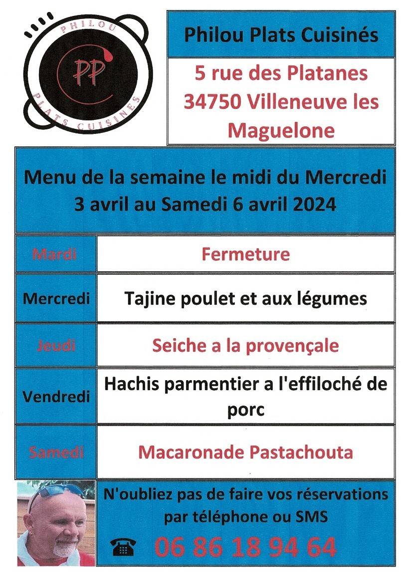 Menu de la semaine le midi du mercredi 3 avril au samedi 6 avril 2024