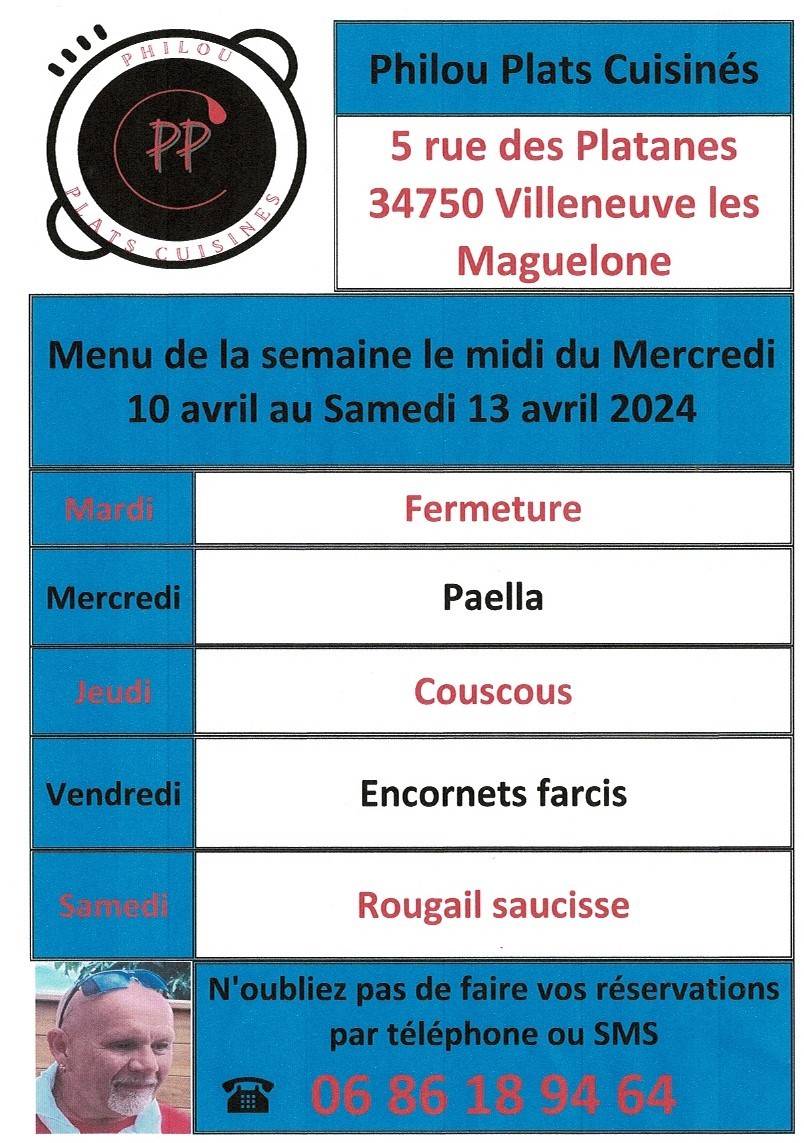 Menu de la semaine le midi du mercredi 10 avril au samedi 13 avril 2024