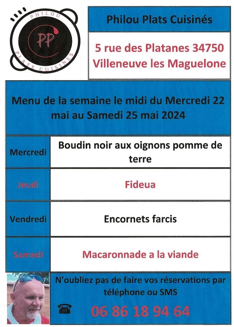 Menu de la semaine le midi du mercredi 22 mai au samedi 25 mai 2024