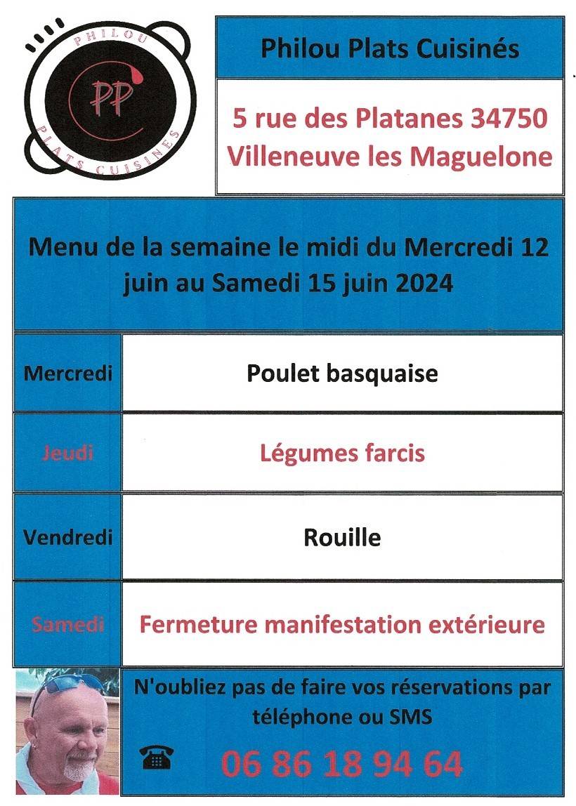 Menu de la semaine le midi du mercredi 12 juin au samedi 15 juin 2024