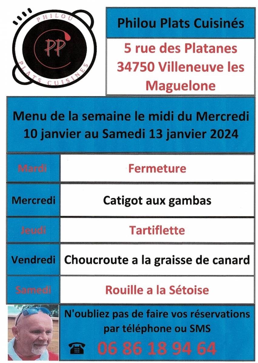 Menu de la semaine le midi du mercredi 10 janvier au samedi 13 janvier 2024