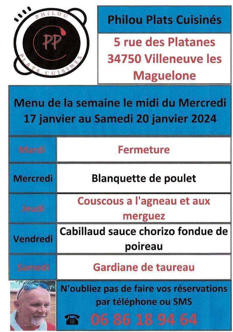 Menu de la semaine le midi du mercredi 17 janvier au samedi 20 janvier 2024