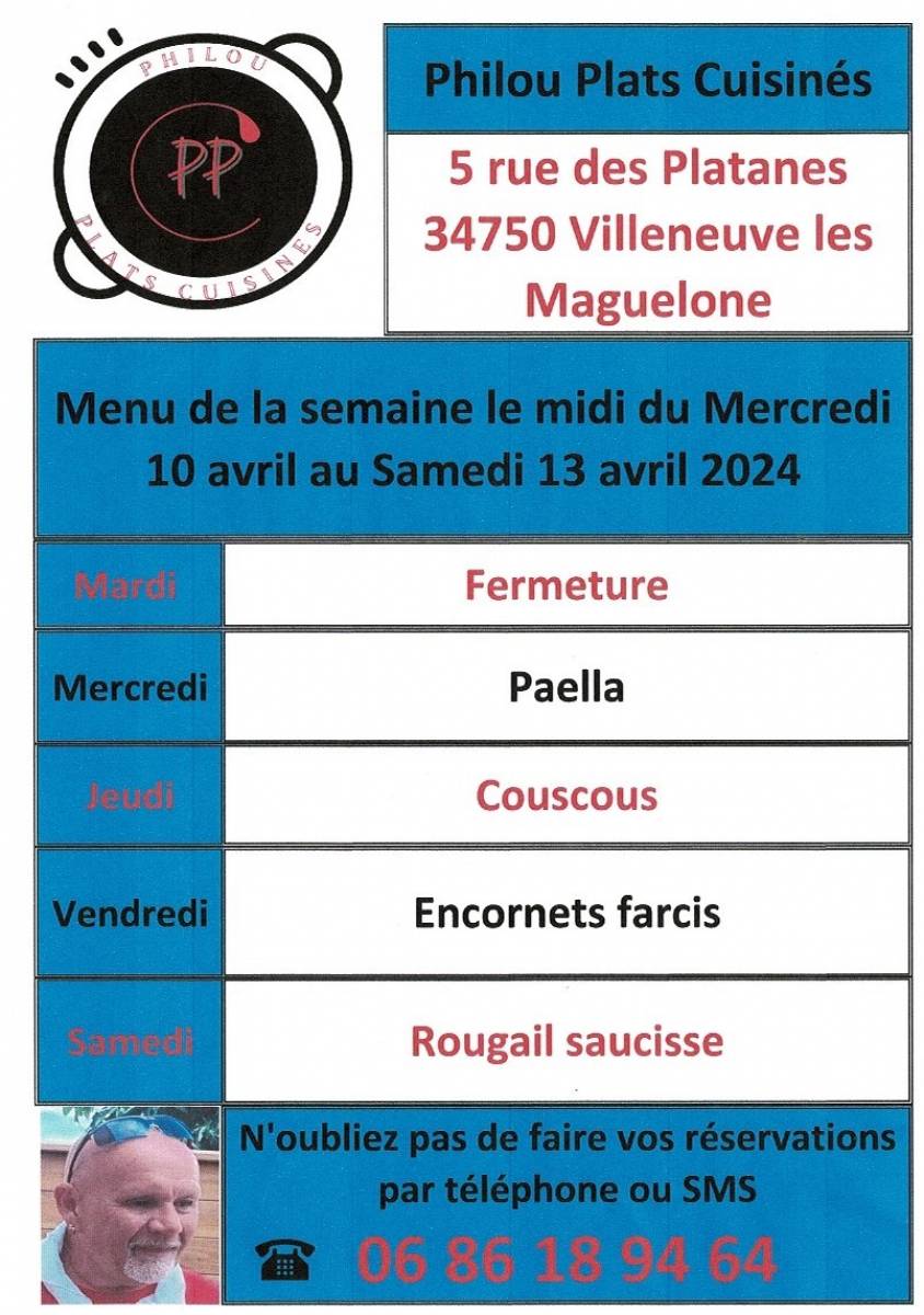 Menu de la semaine le midi du mercredi 10 avril au samedi 13 avril 2024