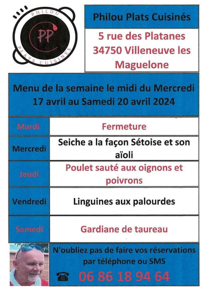 Menu de la semaine le midi du mercredi 17 avril au samedi 20 avril 2024