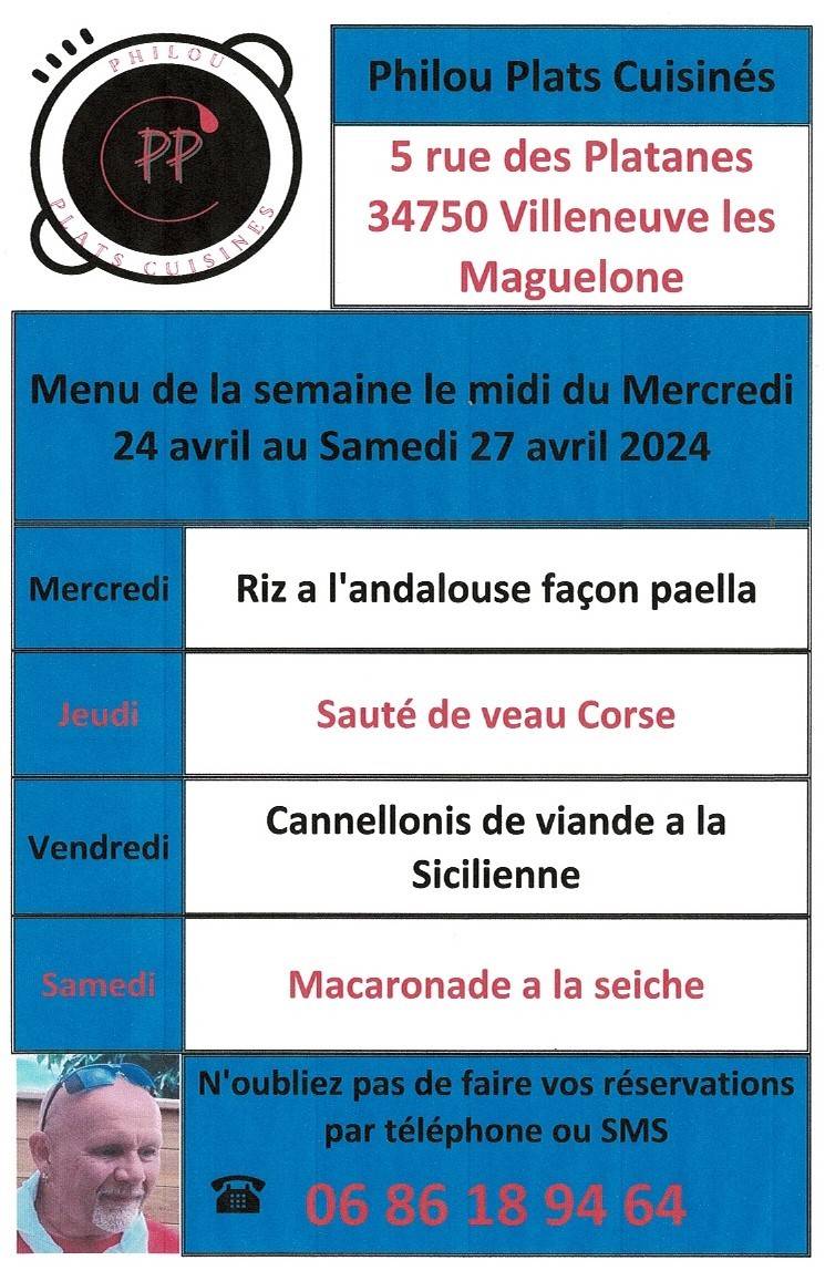 Menu de la semaine le midi du mercredi 24 avril au samedi 27 avril 2024