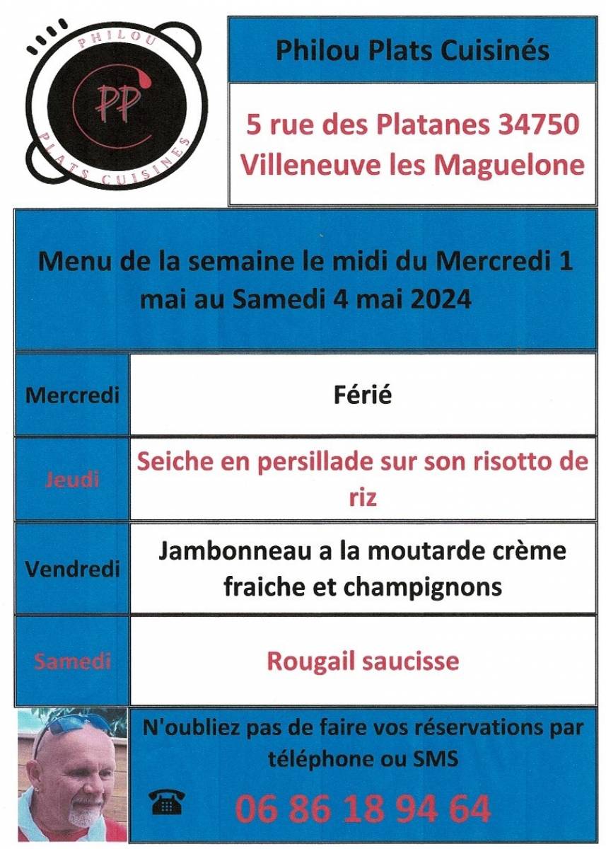 Menu de la semaine le midi du mercredi 1 mai au samedi 4 mai 2024