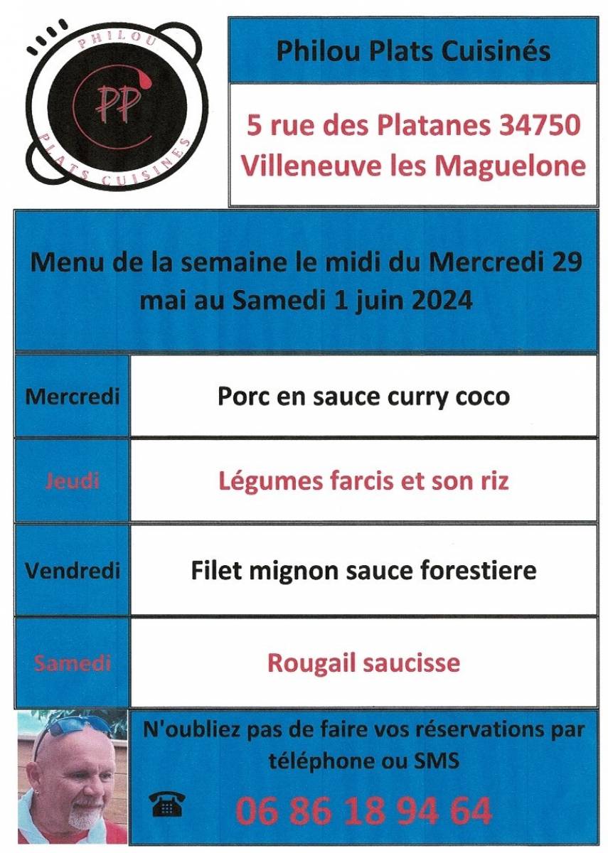 Menu de la semaine le midi du mercredi 29 mai au samedi 1 juin 2024