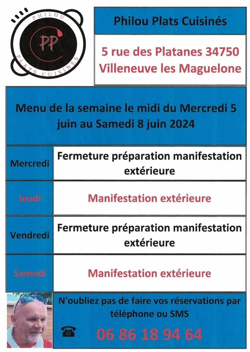 Menu de la semaine le midi du mercredi 5 juin au samedi 8 juin 2024