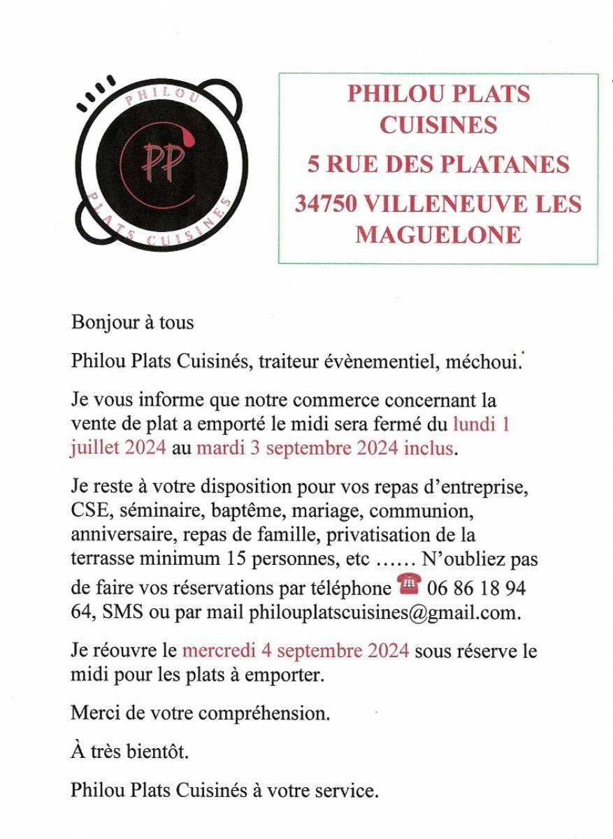Fermeture de la distribution des plats a emporter le midi pour recentrer l'activité sur l'évènementiel